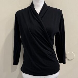 Max Mara Black Wool Blend Wrap Top 3/4 Sleeve Ruched Large Minimalist Luxury